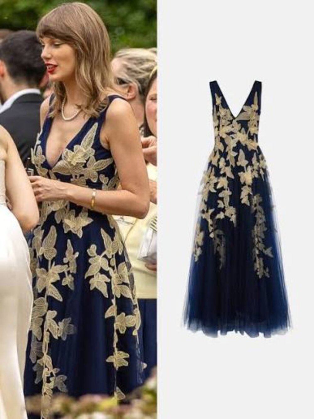 Costarellos Arcangela Blue & Gold appliqué tulle gown